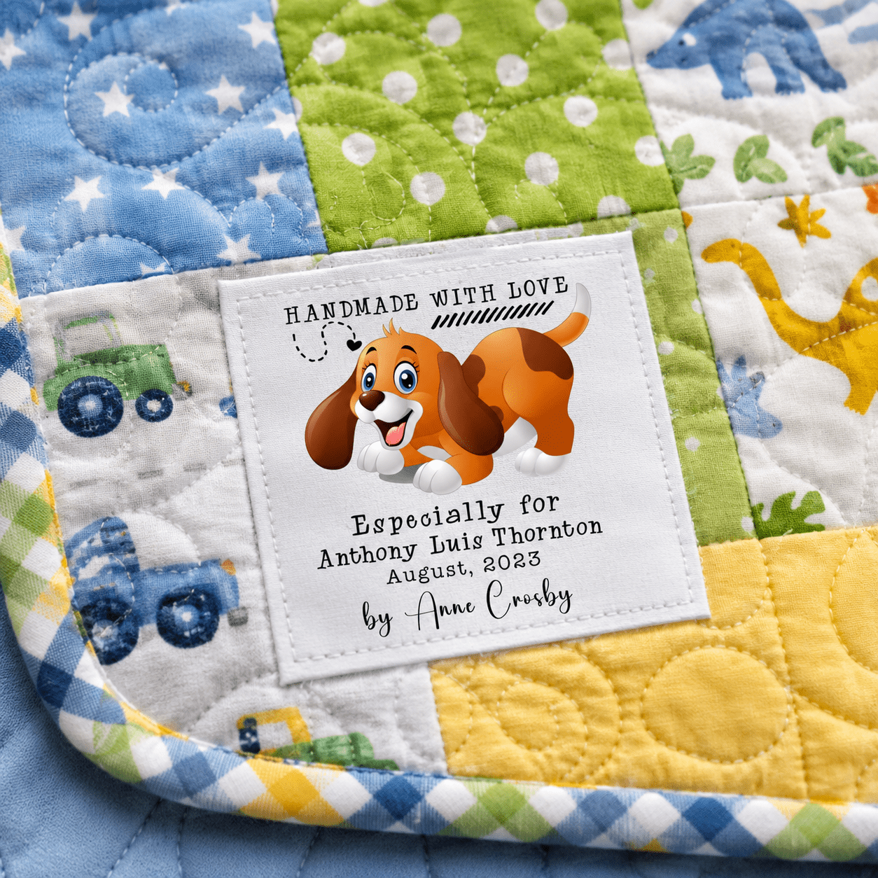 Personalized Kids Quilt Label with Cute Puppy – Custom Handmade Quilt Tag - Jammin Threads
