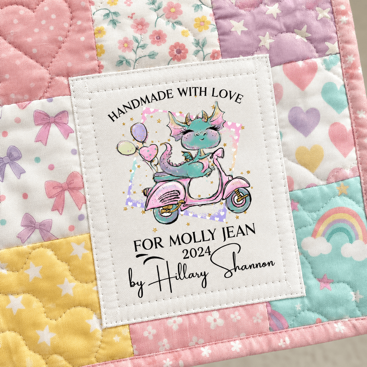 Personalized Kids Quilt Label with Pink Dragon Scooter Design - Jammin Threads