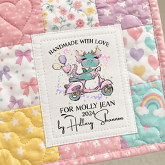Personalized Kids Quilt Label with Pink Dragon Scooter Design - Jammin Threads