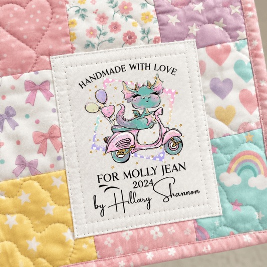 Personalized Kids Quilt Label with Pink Dragon Scooter Design - Jammin Threads