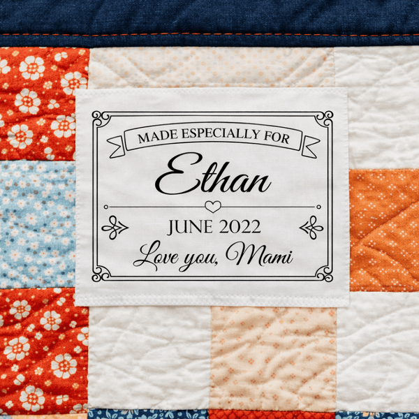 Personalized “Made Especially For” Quilt Label – Elegant Custom Quilt Label with Name, Date & Maker – Special Occasion Quilt Label - Jammin Threads