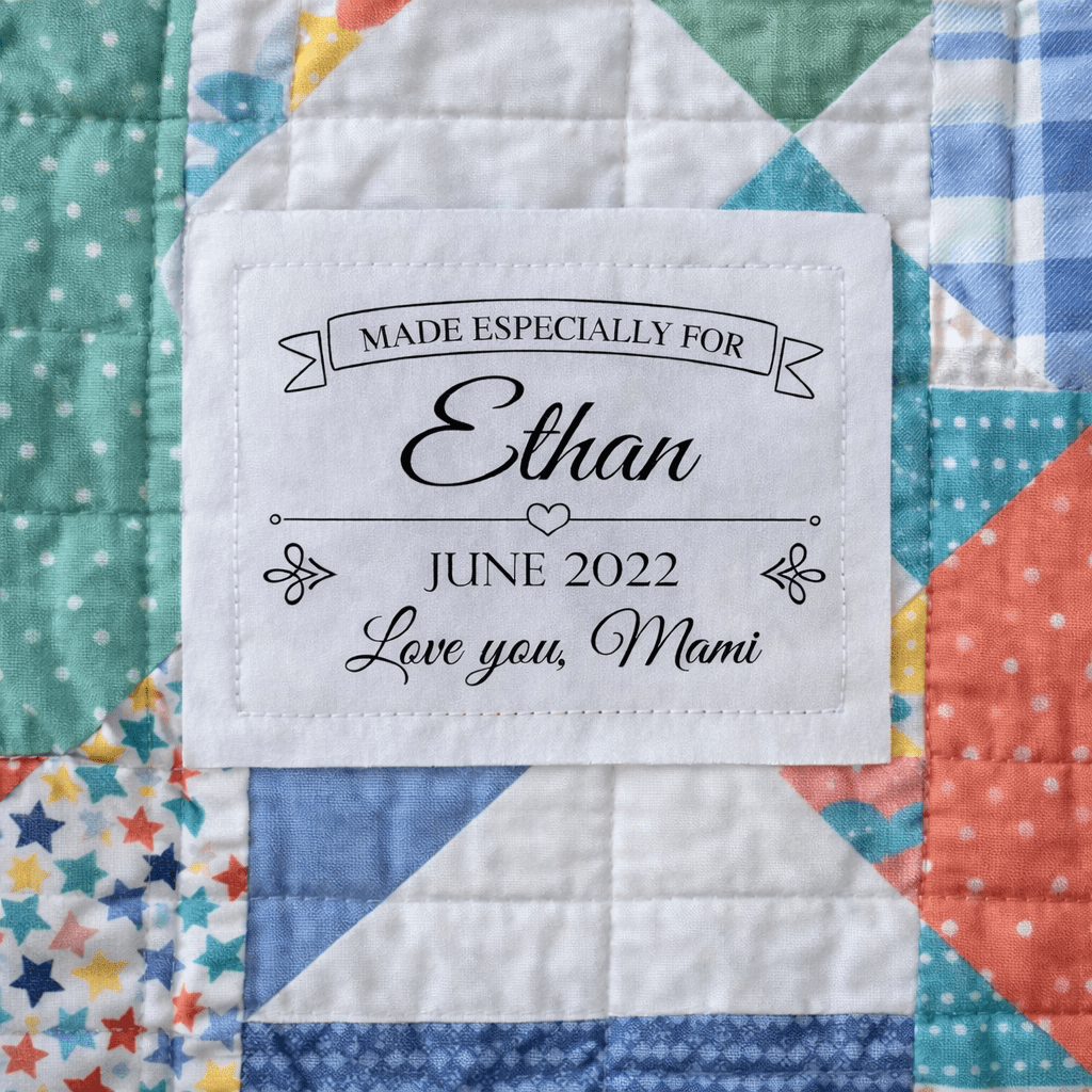 Personalized “Made Especially For” Quilt Label – Elegant Custom Quilt Label with Name, Date & Maker – Special Occasion Quilt Label - Jammin Threads