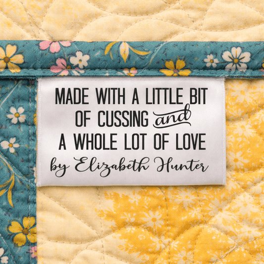 Personalized “Made with a Little Bit of Cussing and a Whole Lot of Love” Satin Quilt Tags – Custom Sewing Labels – 2 x 1.5" Folded – Set of 25 – Jammin’ Threads - Jammin Threads