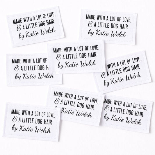 Personalized “Made With a Lot of Love & a Little Dog Hair” Quilt Labels – Funny Quilt Label with Maker Name – 8 Fabric Labels per Sheet | Jammin’ Threads - Jammin Threads