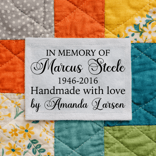 Personalized Memorial Quilt Label – “In Memory Of” Custom Quilt Label with Name and Dates – Handmade By Maker Name – Cotton or Polyester Sew - On Quilt Label - Jammin Threads