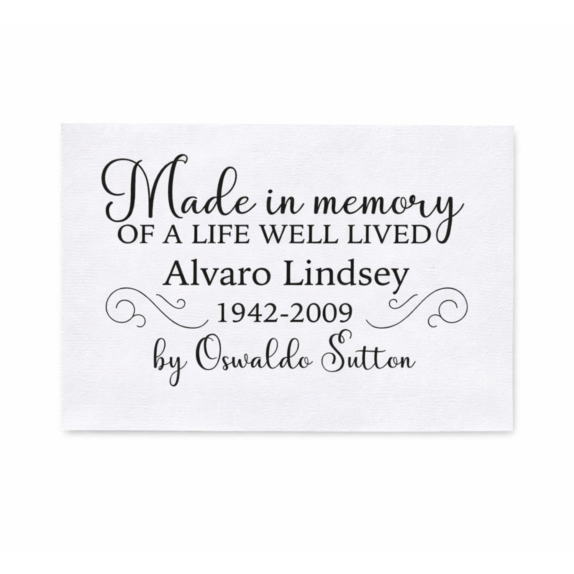 Personalized Memorial Quilt Label – “Made in Memory of a Life Well Lived” – Custom Name & Dates – Cotton or Polyester - Jammin Threads