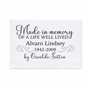 Personalized Memorial Quilt Label – “Made in Memory of a Life Well Lived” – Custom Name & Dates – Cotton or Polyester - Jammin Threads