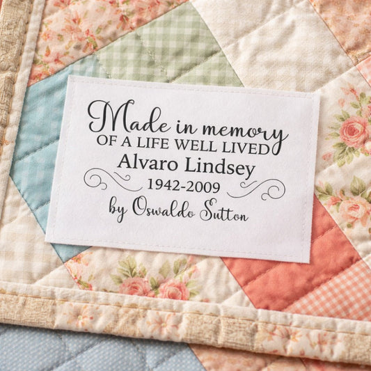 Personalized Memorial Quilt Label – “Made in Memory of a Life Well Lived” – Custom Name & Dates – Cotton or Polyester - Jammin Threads