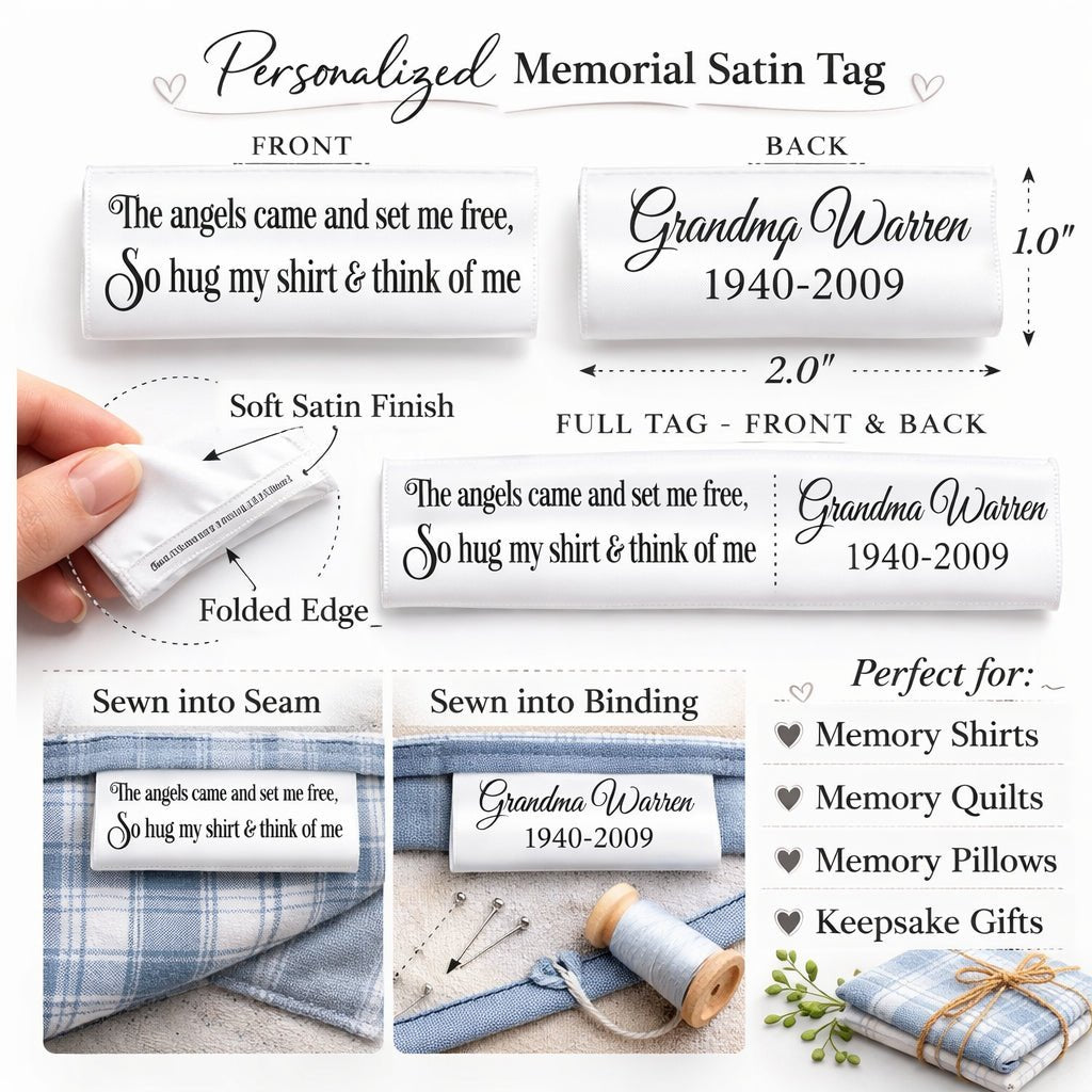 Personalized Memorial Satin Tag – Memory Shirt Label – “The Angels Came and Set Me Free” – Custom Name & Dates – 2” x 1” – Jammin’ Threads - Jammin Threads