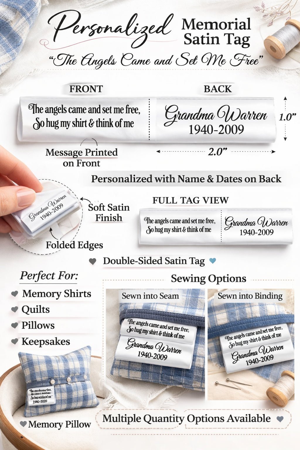 Personalized Memorial Satin Tag – Memory Shirt Label – “The Angels Came and Set Me Free” – Custom Name & Dates – 2” x 1” – Jammin’ Threads - Jammin Threads