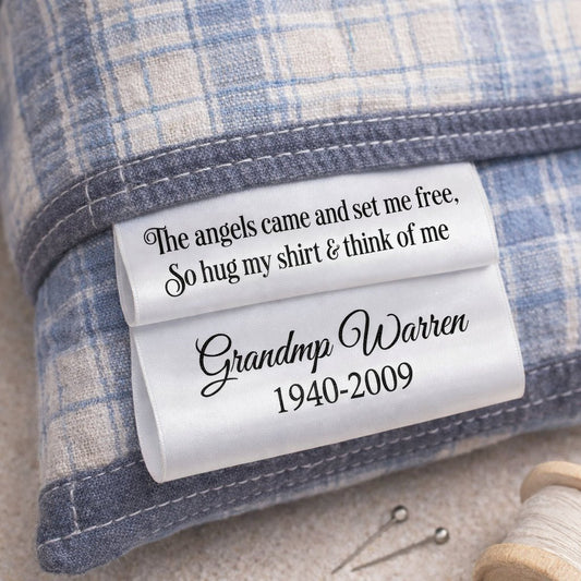 Personalized Memorial Satin Tag – Memory Shirt Label – “The Angels Came and Set Me Free” – Custom Name & Dates – 2” x 1” – Jammin’ Threads - Jammin Threads