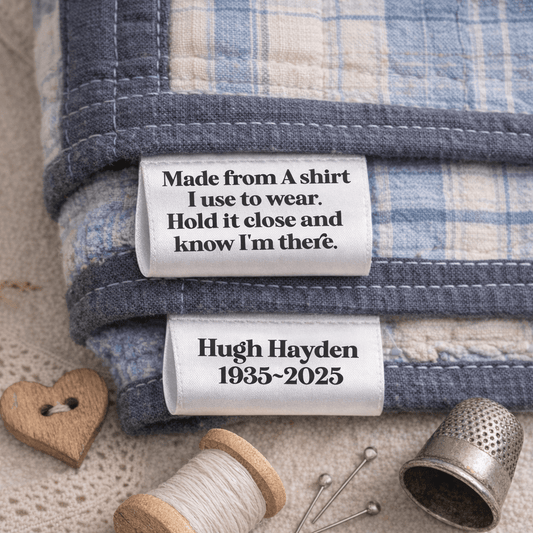 Personalized Memorial Satin Tag – Memory Shirt Quilt Label – “Made from a Shirt I Used to Wear” – Custom Name & Dates – 2” x 1” – Jammin’ Threads - Jammin Threads