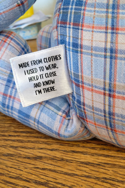 Personalized Memory Bear Satin Tags – “Made From Clothes I Used to Wear” – Double - Sided Custom Sewing Labels – 25 Fold - Over Tags - Jammin Threads