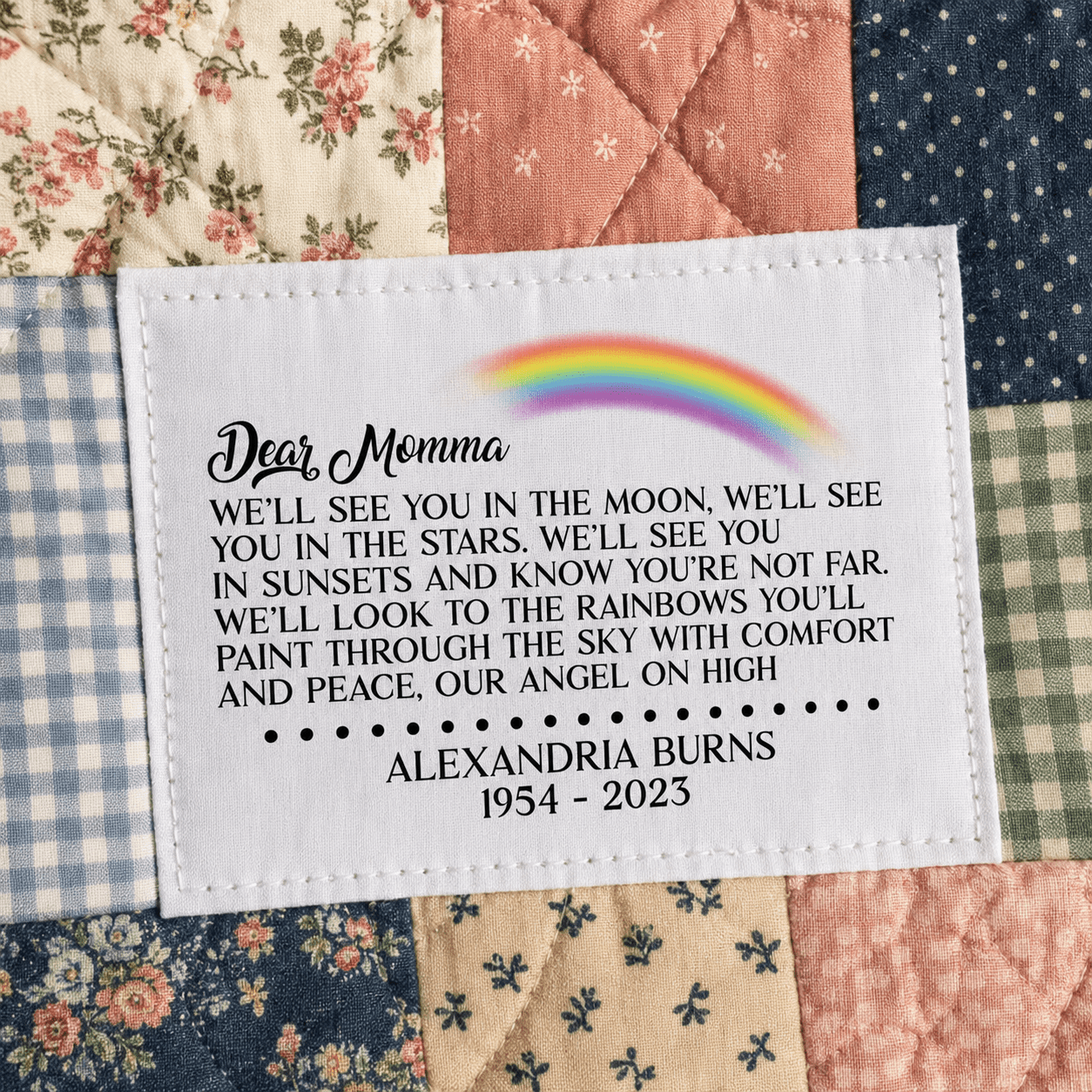 Personalized Memory Quilt Label | “We’ll See You in the Moon” Memorial Quilt Tag with Rainbow Design - Jammin Threads