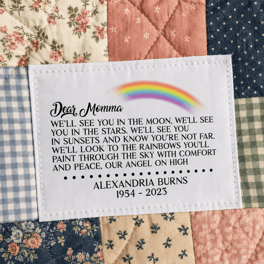 Personalized Memory Quilt Label | “We’ll See You in the Moon” Memorial Quilt Tag with Rainbow Design - Jammin Threads