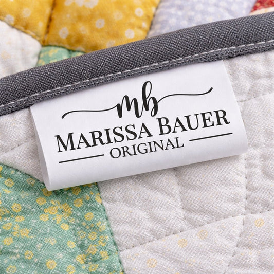 Personalized Modern Logo Satin Quilt Tags – Custom Maker Monogram & Name | 2″ x 1″ Folded Sewing Labels - Jammin Threads