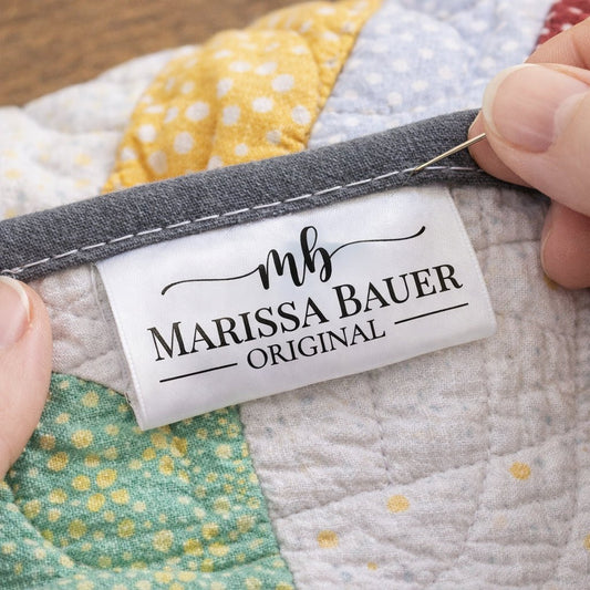 Personalized Modern Logo Satin Quilt Tags – Custom Maker Monogram & Name | 2″ x 1″ Folded Sewing Labels - Jammin Threads