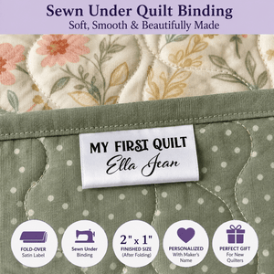 Personalized “My First Quilt” Satin Quilt Tag – Custom Maker Name Fold-Over Label - Single Label - Jammin Threads