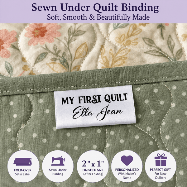 Personalized “My First Quilt” Satin Quilt Tag – Custom Maker Name Fold-Over Label - Single Label - Jammin Threads