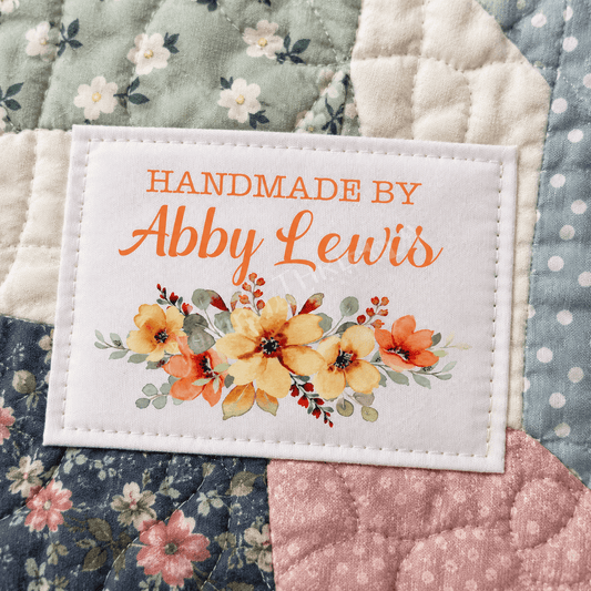 Personalized Orange & Yellow Floral Quilt Label | Custom Handmade By Fabric Label - Jammin Threads