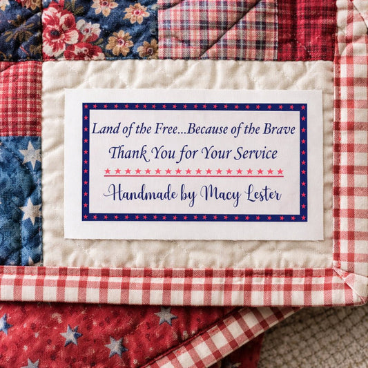 Personalized Patriotic Quilt Label – Land of the Free Because of the Brave | Cotton or Polyester - Jammin Threads