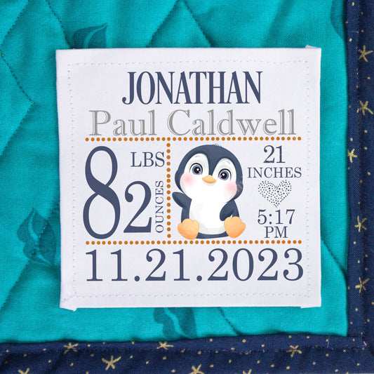Personalized Penguin Baby Quilt Label | Birth Announcement Quilt Label with Baby Stats | Custom Baby Quilt Tag - Jammin Threads