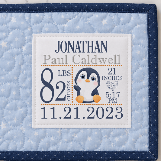 Personalized Penguin Baby Quilt Label | Birth Announcement Quilt Label with Baby Stats | Custom Baby Quilt Tag - Jammin Threads
