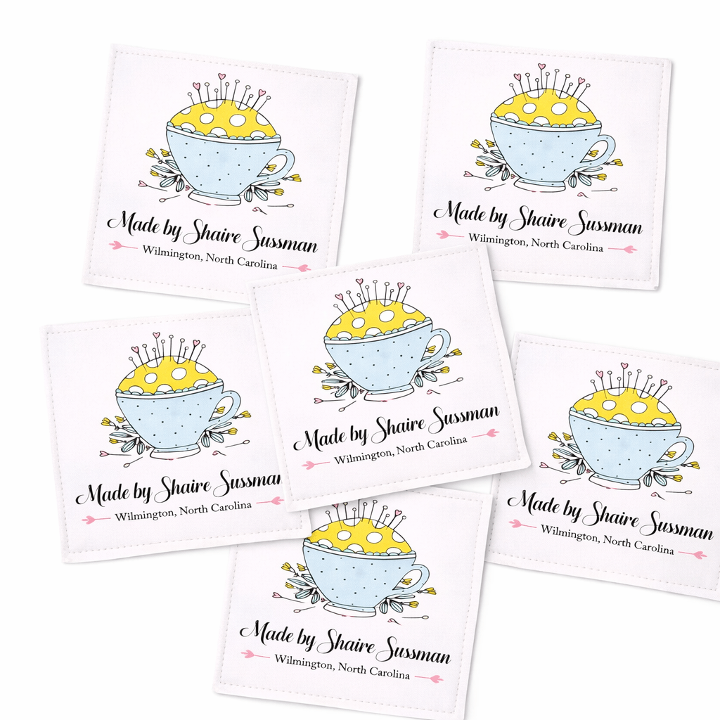 Personalized Pincushion Quilt Labels – Teacup Sewing Design Custom Quilt Label with Name, 2.25” Square Fabric Labels (Set of 6) - Jammin Threads