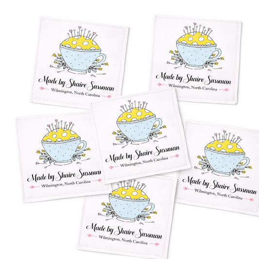 Personalized Pincushion Quilt Labels – Teacup Sewing Design Custom Quilt Label with Name, 2.25” Square Fabric Labels (Set of 6) - Jammin Threads