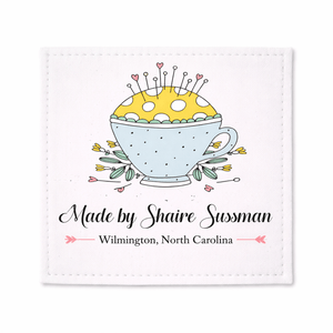 Personalized Pincushion Quilt Labels – Teacup Sewing Design Custom Quilt Label with Name, 2.25” Square Fabric Labels (Set of 6) - Jammin Threads