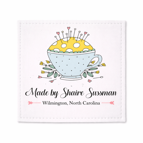 Personalized Pincushion Quilt Labels – Teacup Sewing Design Custom Quilt Label with Name, 2.25” Square Fabric Labels (Set of 6) - Jammin Threads
