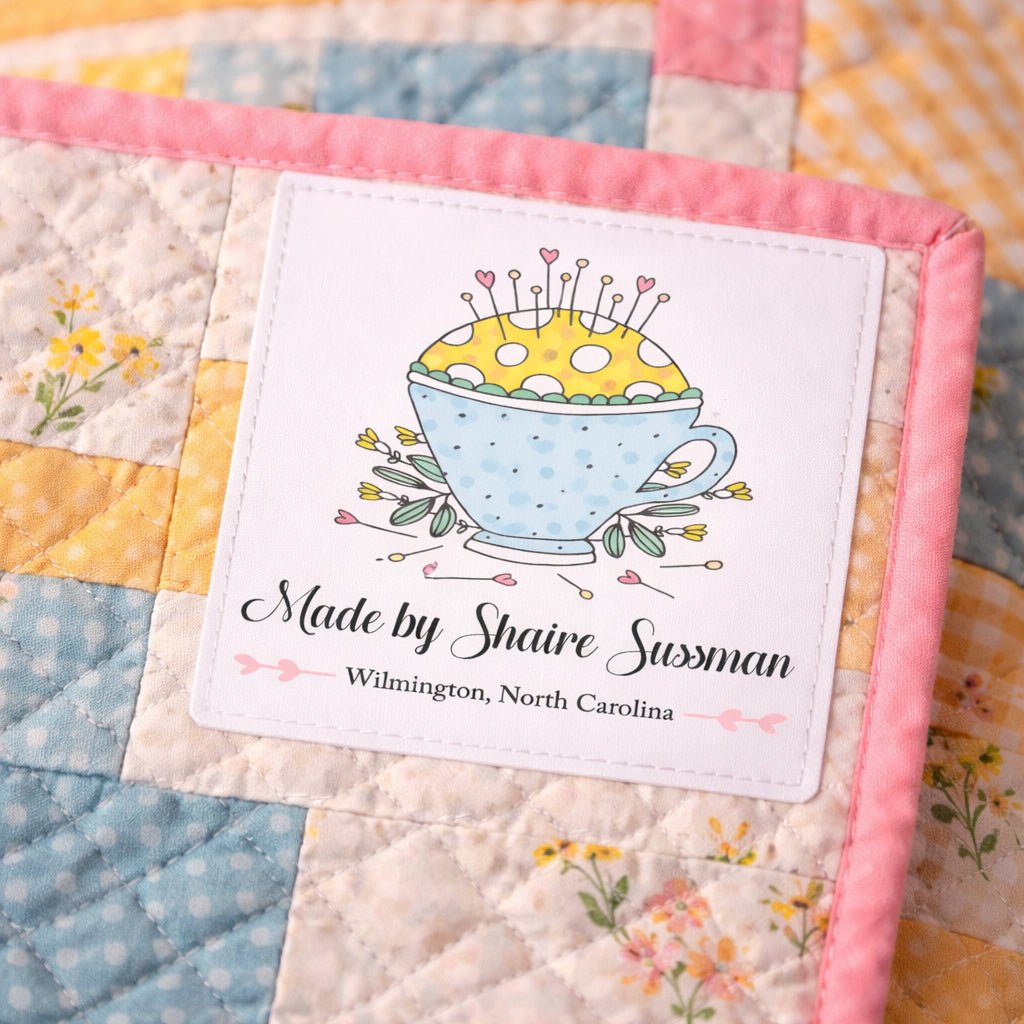 Personalized Pincushion Quilt Labels – Teacup Sewing Design Custom Quilt Label with Name, 2.25” Square Fabric Labels (Set of 6) - Jammin Threads