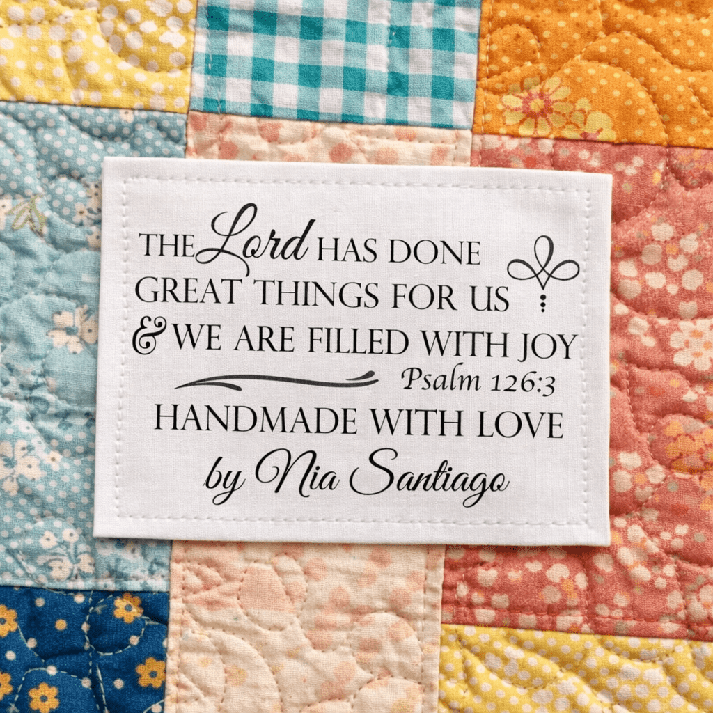 Personalized Psalm 126:3 Quilt Label – Christian Quilt Label with Name – “The Lord Has Done Great Things” – Cotton or Polyester (6 per Sheet) - Jammin Threads