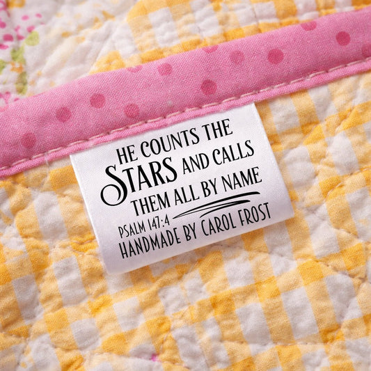 Personalized Psalm 147:4 Satin Quilt Labels – “He Counts the Stars” – Custom Sew - In Tags, Set of 25 - Jammin Threads