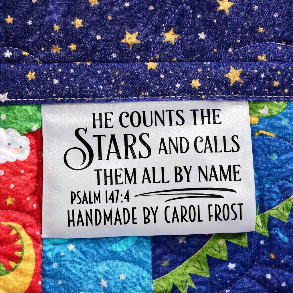 Personalized Psalm 147:4 Satin Quilt Labels – “He Counts the Stars” – Custom Sew - In Tags, Set of 25 - Jammin Threads