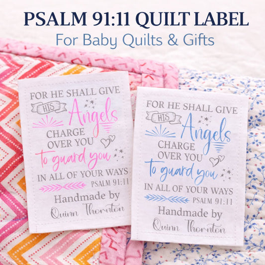 Personalized Psalm 91:11 Quilt Label – Guardian Angel Bible Verse Label for Baby Quilt – Christian Quilt Label – 6 Per Sheet - Jammin Threads