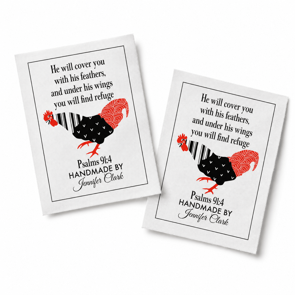 Personalized Psalm 91:4 Quilt Label – Christian Quilt Label with Chicken - Jammin Threads