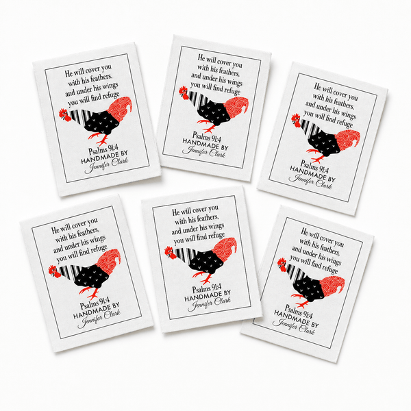 Personalized Psalm 91:4 Quilt Label – Christian Quilt Label with Chicken - Jammin Threads