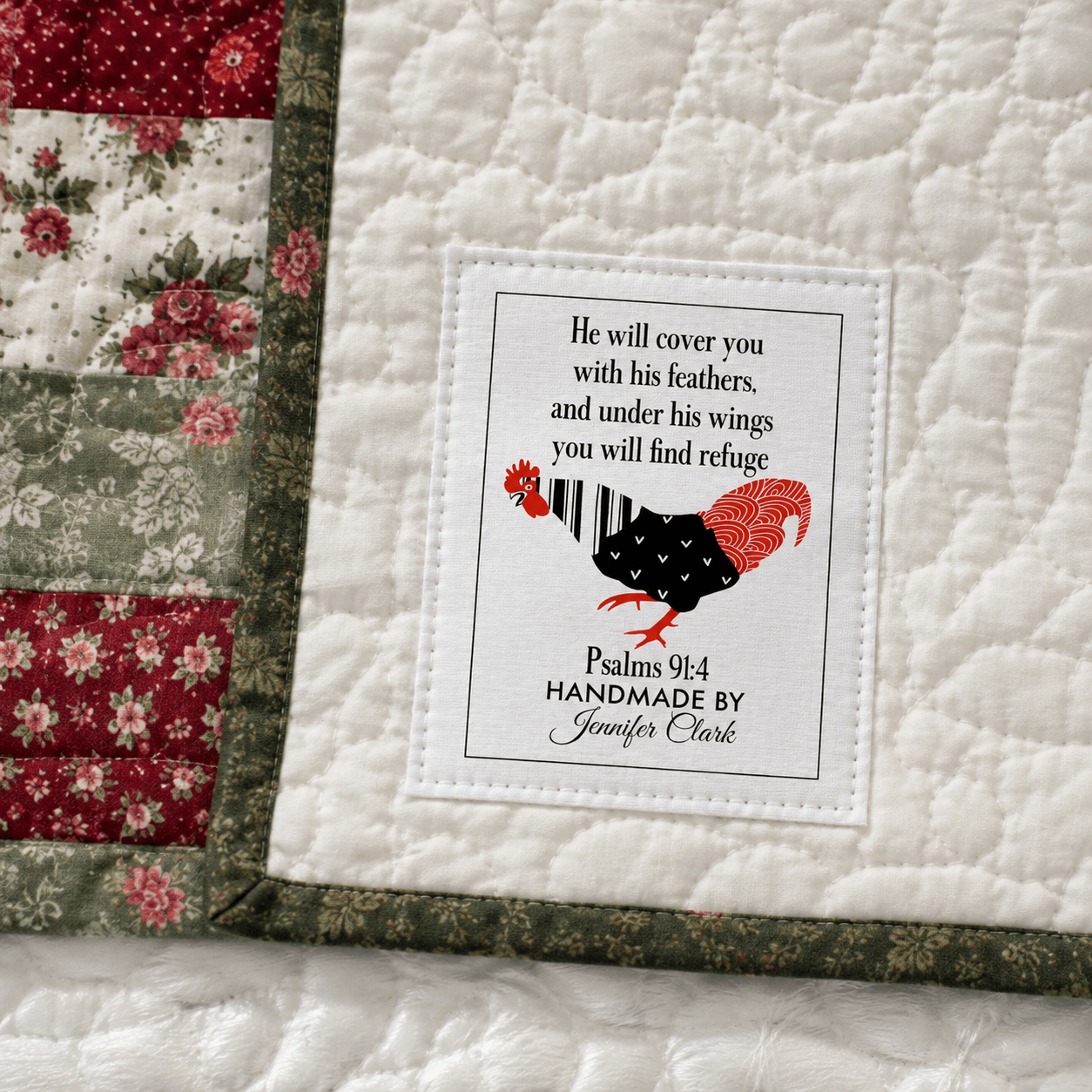 Personalized Psalm 91:4 Quilt Label – Christian Quilt Label with Chicken - Jammin Threads