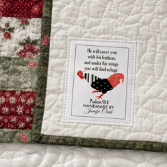 Personalized Psalm 91:4 Quilt Label – Christian Quilt Label with Chicken - Jammin Threads