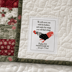 Personalized Psalm 91:4 Quilt Label – Christian Quilt Label with Chicken - Jammin Threads