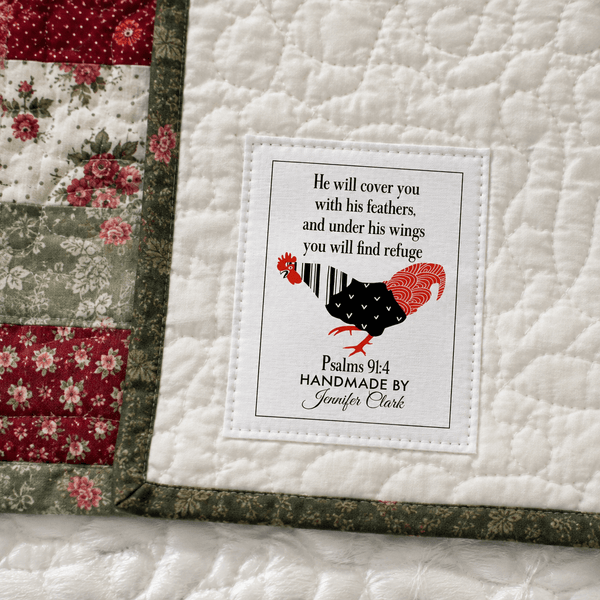 Personalized Psalm 91:4 Quilt Label – Christian Quilt Label with Chicken - Jammin Threads