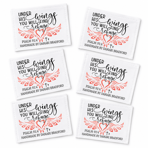 Personalized Psalm 91:4 Quilt Label – “Under His Wings You Will Find Refuge” – Christian Quilt Tag – 6 Per Sheet – 3” x 2.25” Cotton or Poly - Jammin Threads