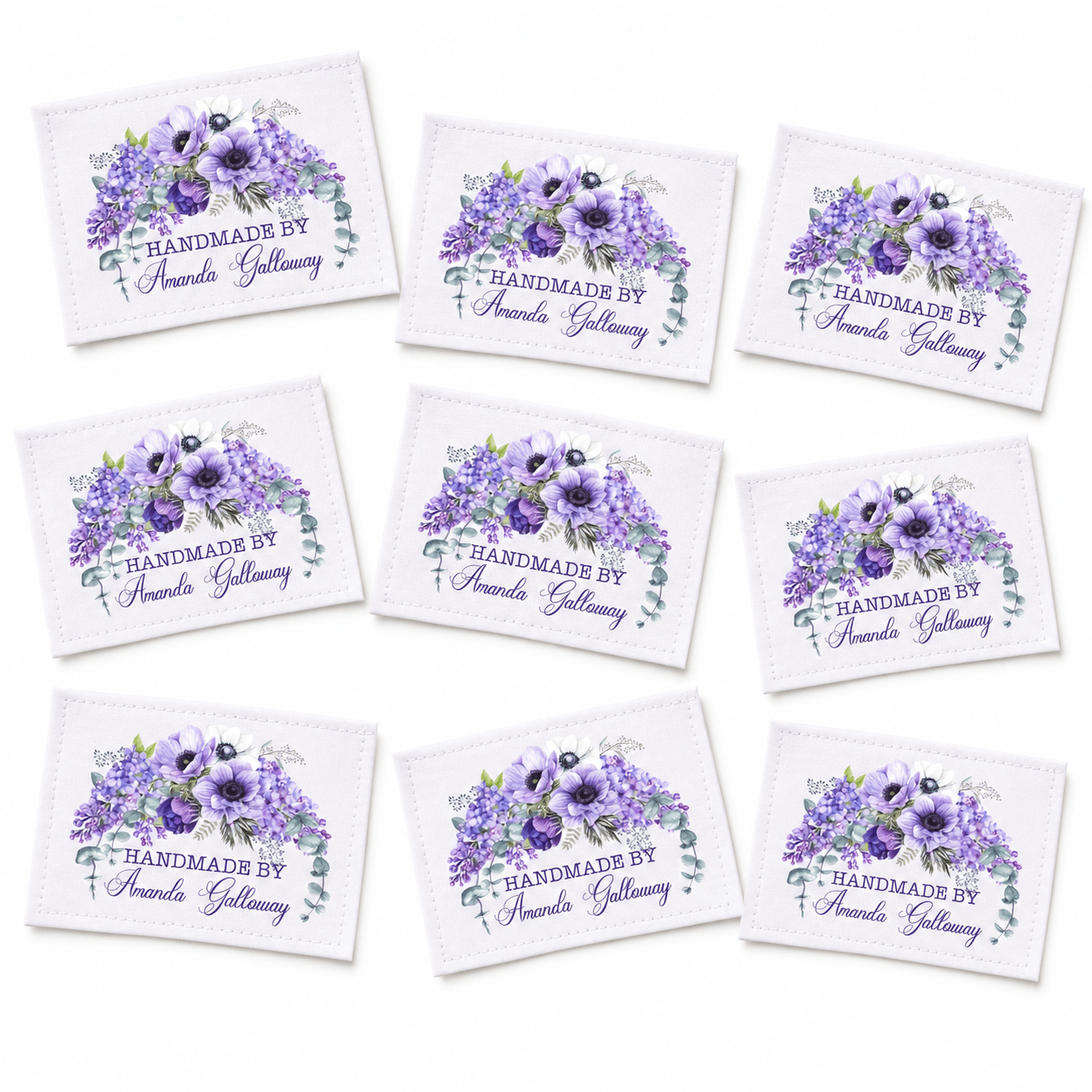 Personalized Purple Floral Quilt Label – Custom Handmade By Quilt Label with Name – 2 x 2.5" - Jammin Threads