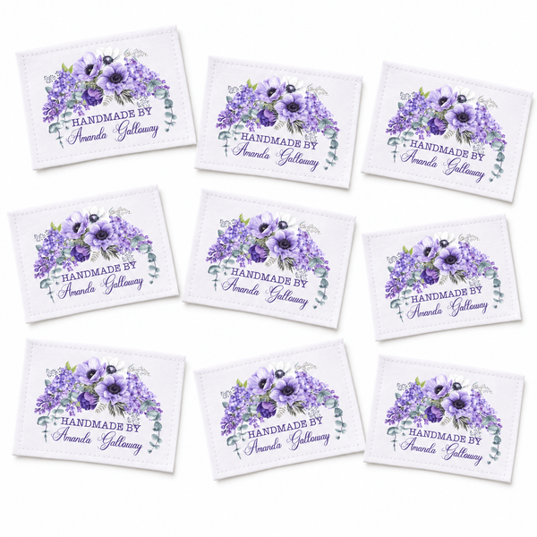 Personalized Purple Floral Quilt Label – Custom Handmade By Quilt Label with Name – 2 x 2.5" - Jammin Threads