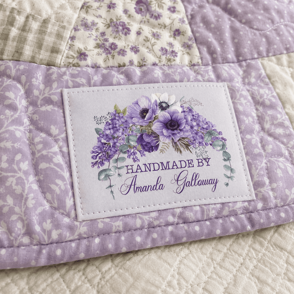 Personalized Purple Floral Quilt Label – Custom Handmade By Quilt Label with Name – 2 x 2.5" - Jammin Threads