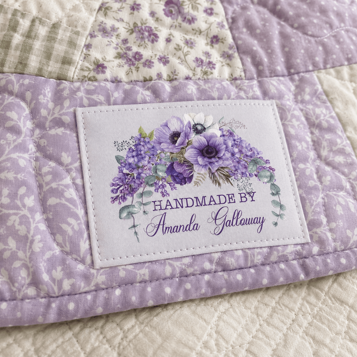 Personalized Purple Floral Quilt Label – Custom Handmade By Quilt Label with Name – 2 x 2.5" - Jammin Threads