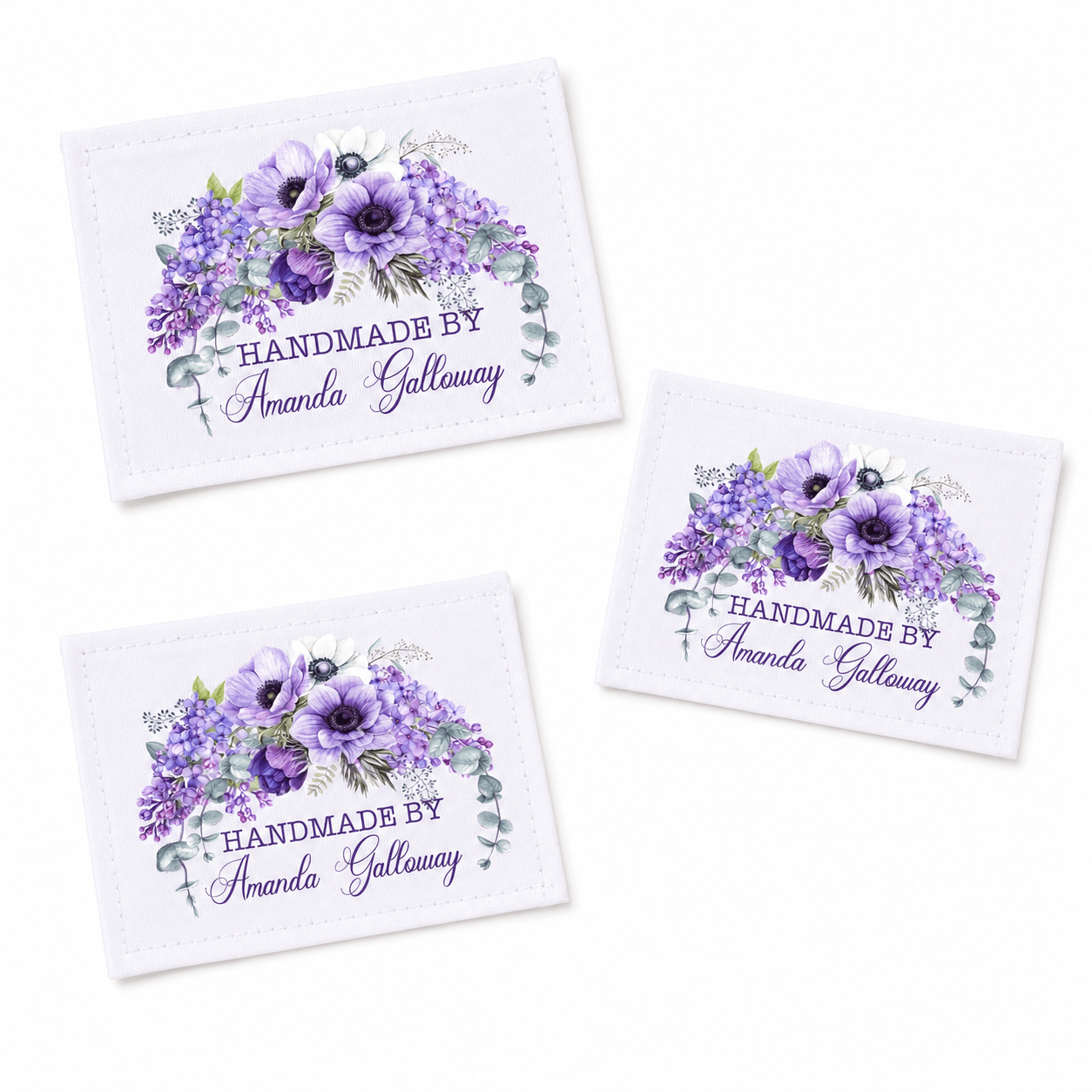Personalized Purple Floral Quilt Label – Custom Handmade By Quilt Label with Name – 2 x 2.5" - Jammin Threads