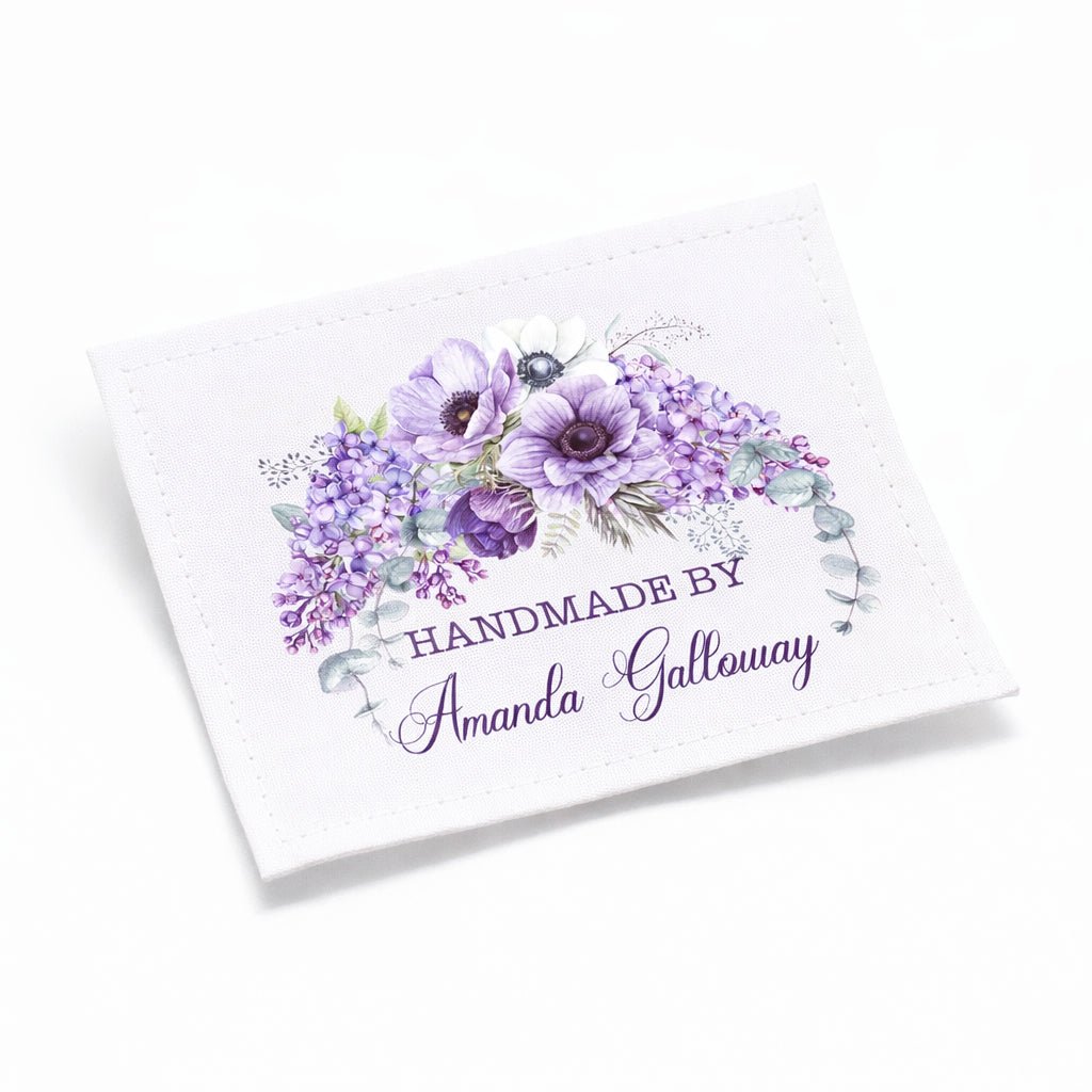 Personalized Purple Floral Quilt Label – Custom Handmade By Quilt Label with Name – Cotton or Polyester – 2 x 2.5" – Sheet of 9 – Jammin’ Threads - Jammin Threads