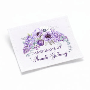 Personalized Purple Floral Quilt Label – Custom Handmade By Quilt Label with Name – Cotton or Polyester – 2 x 2.5" – Sheet of 9 – Jammin’ Threads - Jammin Threads